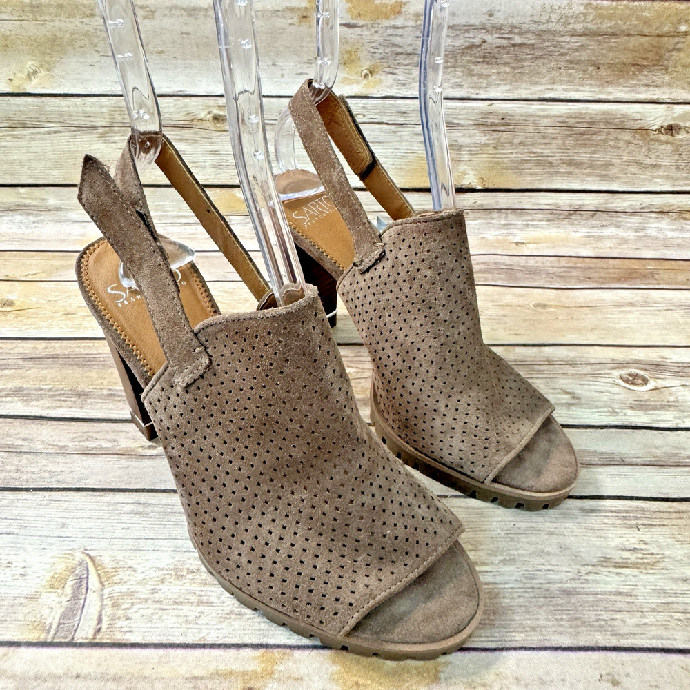 Franco Sarto Womens Taupe Brown Suede Open Toe Perforated Chucky Heel Shoes 8M